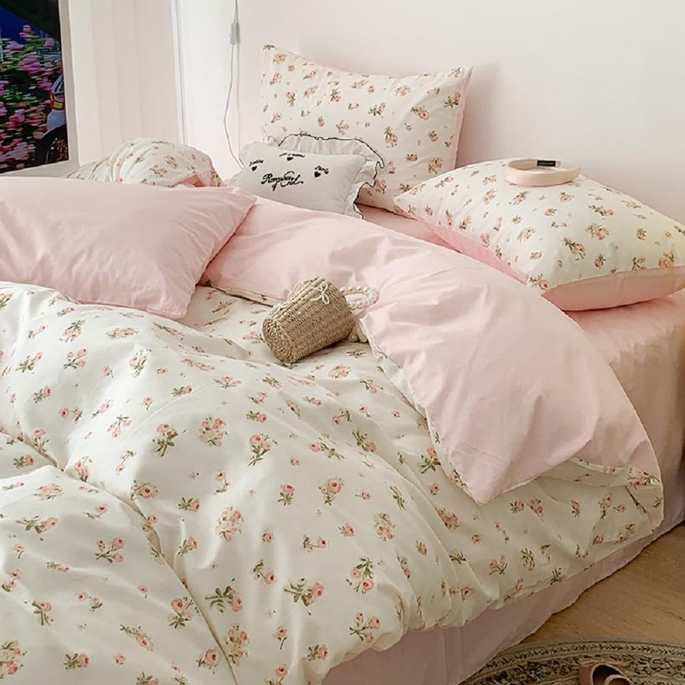 Erwinmu Floral Duvet Cover Set Queen Size,White Pink Floral Flowers Bedding Duvet Cover with Zipper Closure,Soft Microfiber Comforter Cover 90"x90" and 2 Pillowcases 20"x30"