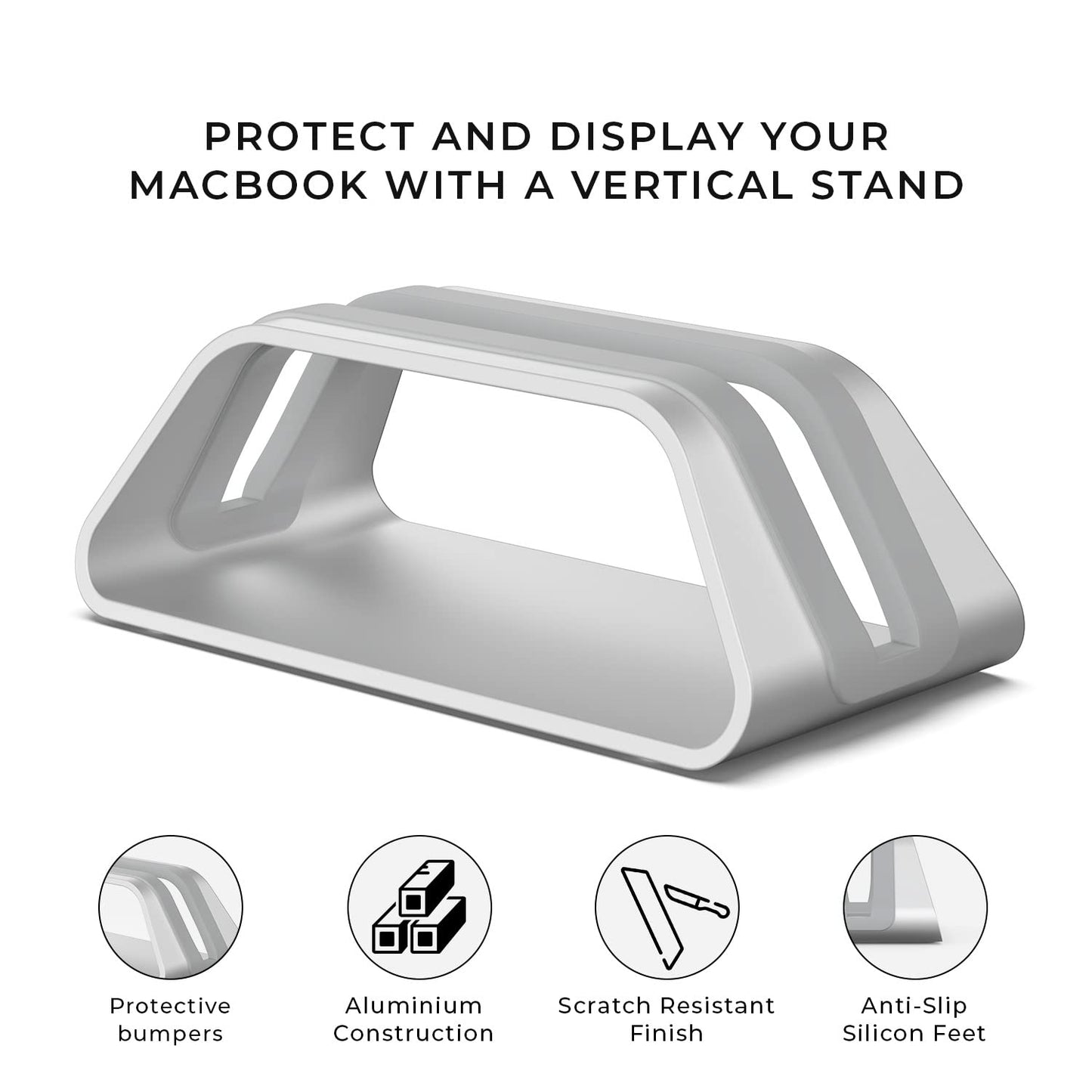 HumanCentric Vertical Laptop Stand Compatible with MacBook Pro and MacBook Air, Holder for Personal Computer Desk Stand, Aluminium, Exchangeable Inserts to Fit Different Device Models, Silver