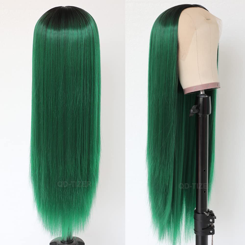 QD-Tizer Lace Front Wigs, Long Straight Hair Ombre Green Wig Glueless Heat Resistant Fiber Hair Synthetic Lace Front Wigs for Fashion Women