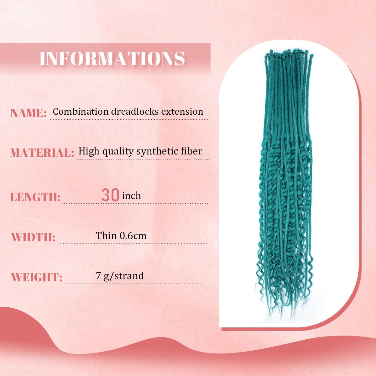 Quiduis 30 Inch 30 Strands SE Dreadlock Extensions,3 In 1 Mixed Synthetic Dreads Extensions,Pine Green Curly&Straight&Boho Single Ended Dreads Extensions Hippie Style Dreadlock for Women