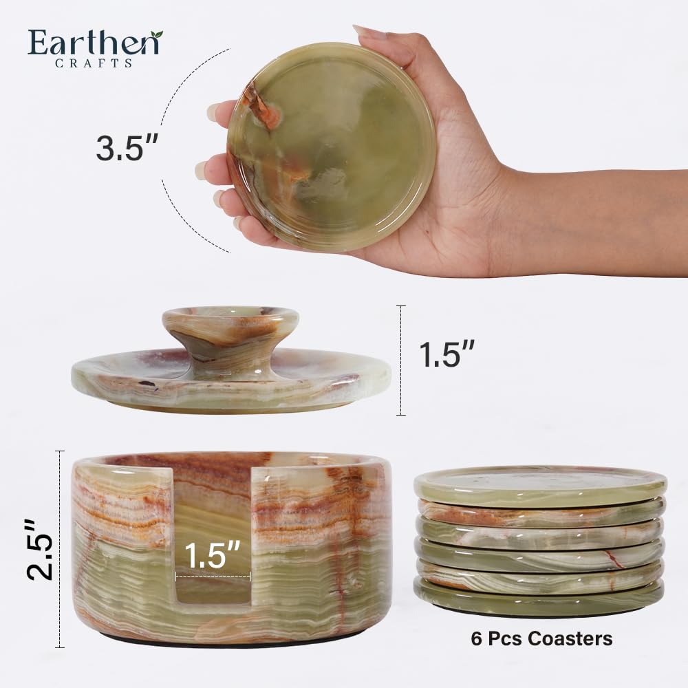 Earthen Crafts Marble 3.5" Green Drink Coasters Set Pack of 6 – Round Stone Coaster with Holder & Lid for Table Countertop – Kitchen Use & Coffee Decor