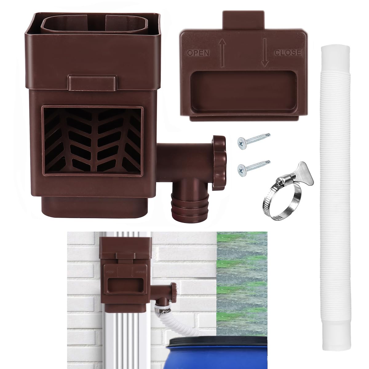 MISDENK Rain Barrel Diverter Kit, Downspout Diverter Fits for 2x3 or 3x4 Inch Gutter Downspouts, Rainwater Collection System with Adjustable Valve and Filter - Brown