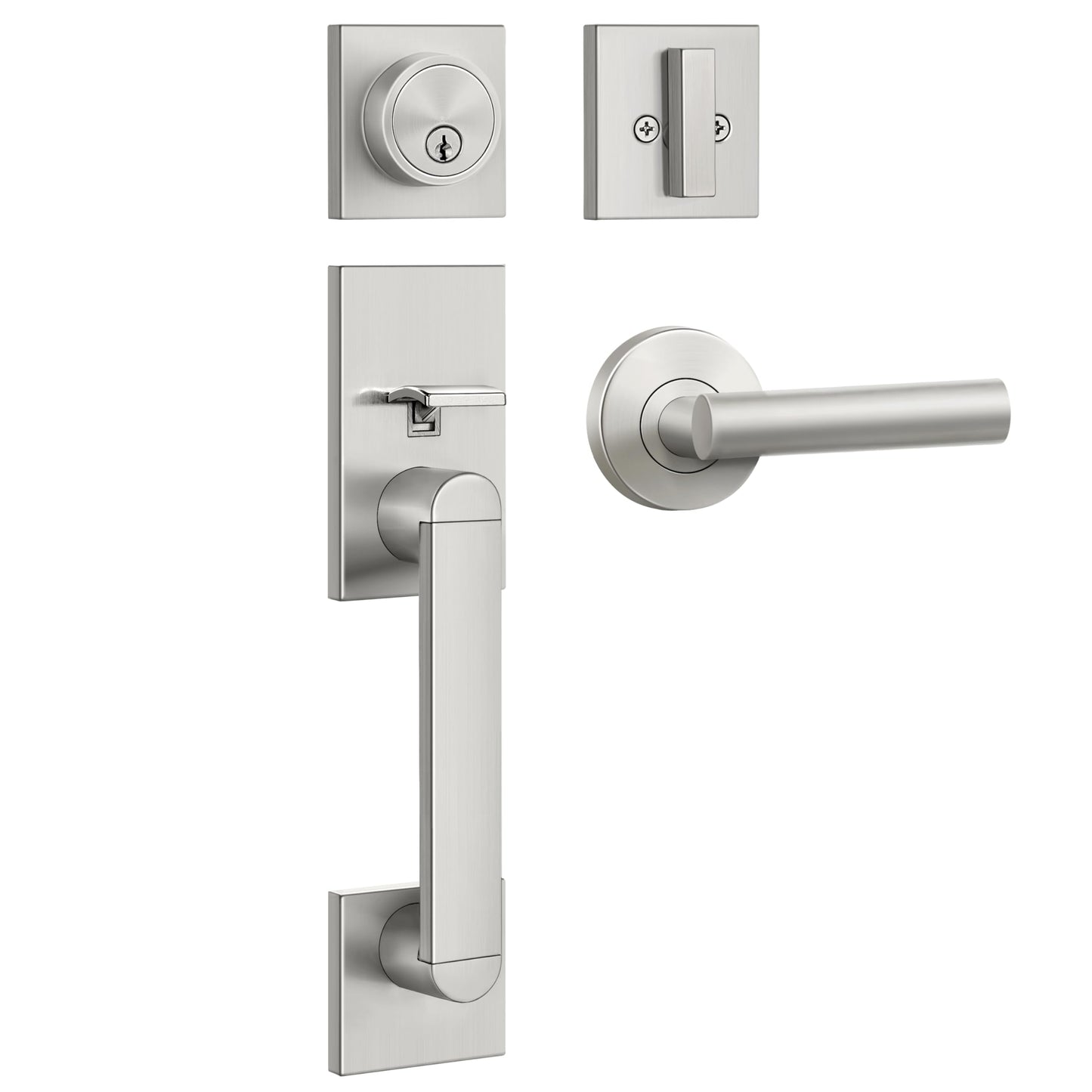 BESTTEN Square Front Door Entry Handle Set, Easy Install Adjustable Handle with Keyed Deadbolt Lock, All Metal Solid Construction in Stainless Nickel Finish