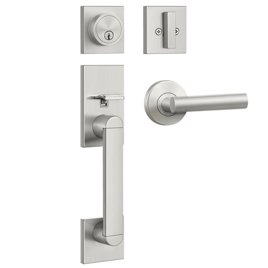 BESTTEN Square Front Door Entry Handle Set, Easy Install Adjustable Handle with Keyed Deadbolt Lock, All Metal Solid Construction in Stainless Nickel Finish