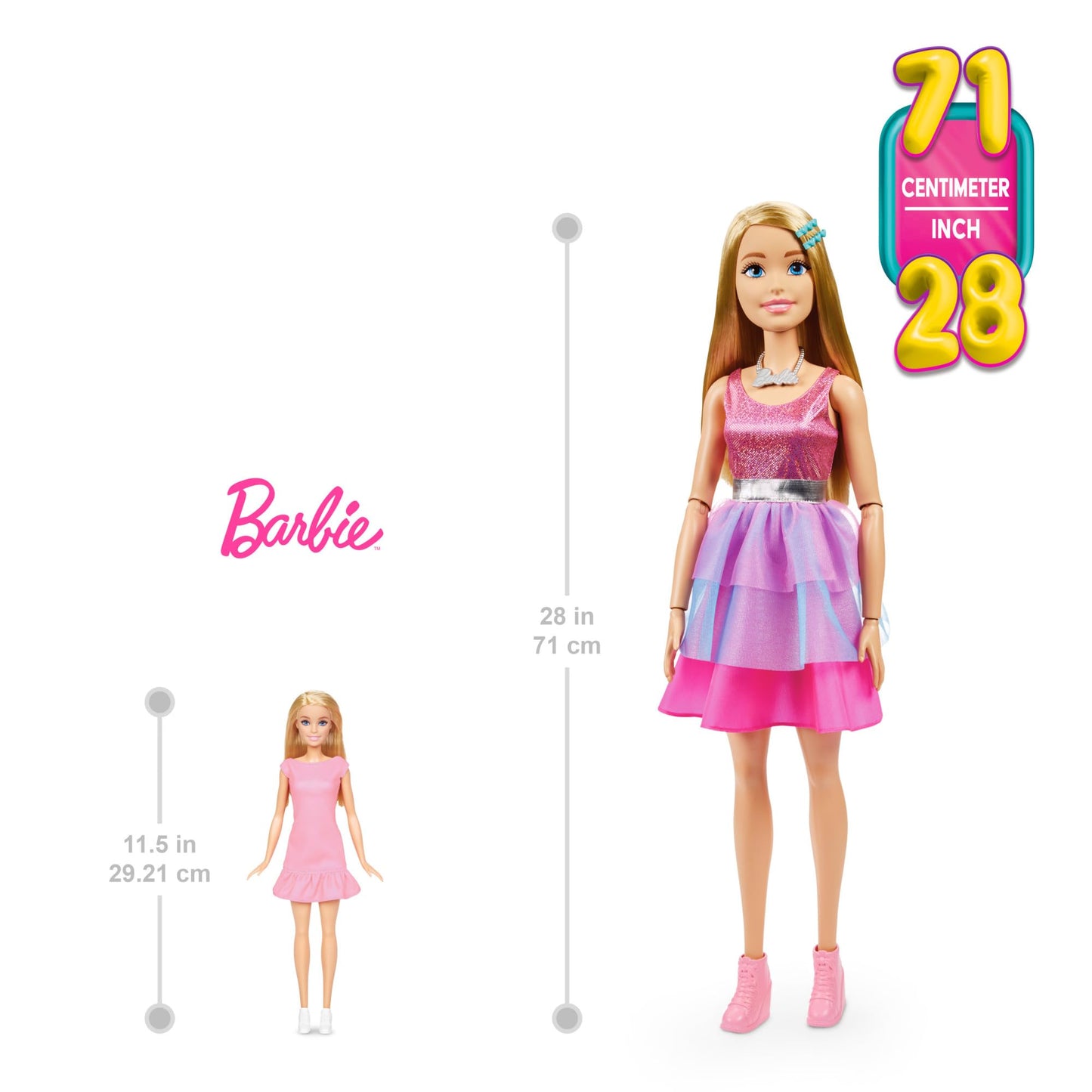 Barbie Large Doll with Blond Hair, 28 Inches Tall, Shimmery Pink Dress with Necklace and Hair Clip Accessories