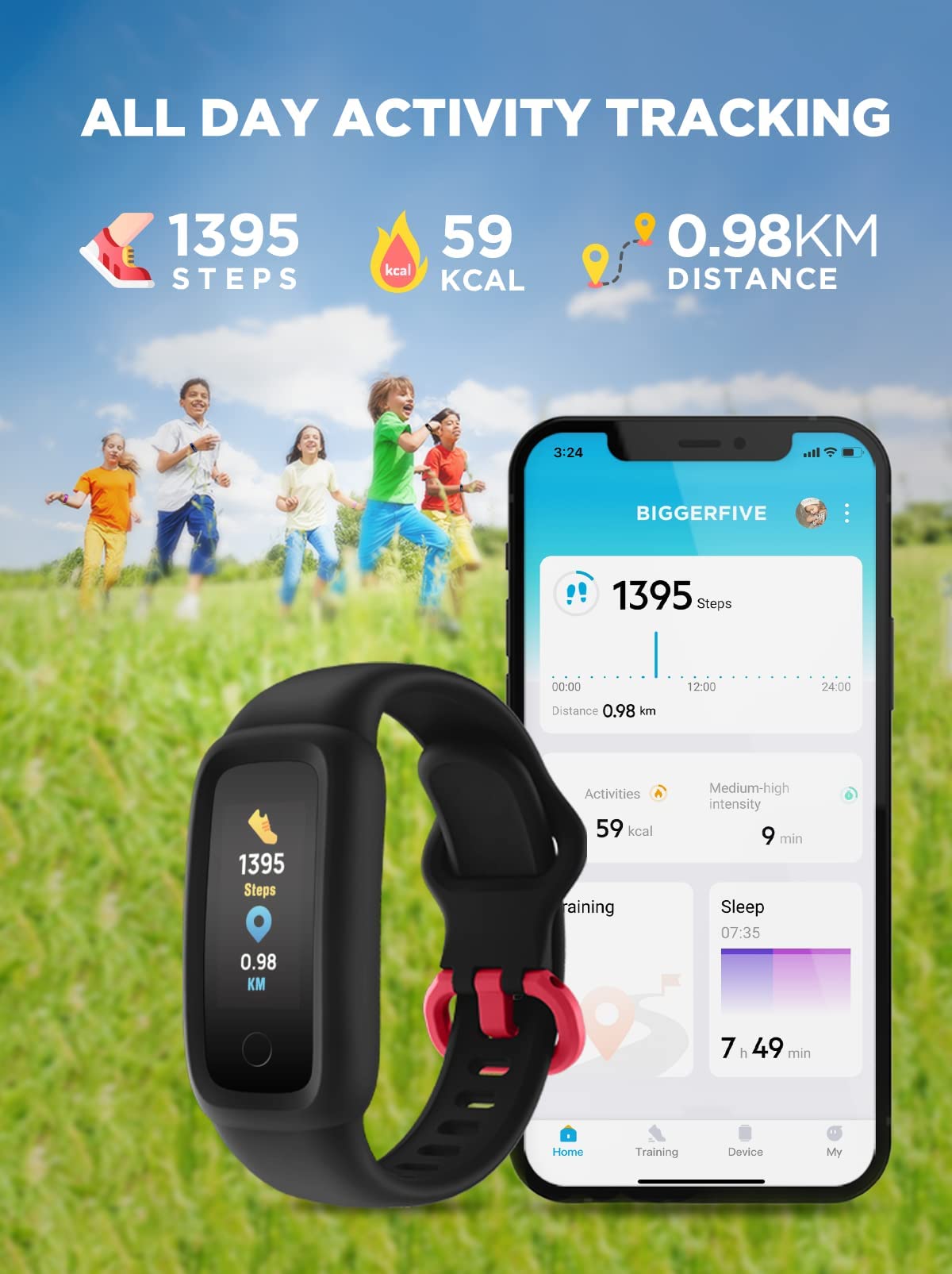 BIGGERFIVE Vigor 2 Fitness Tracker Watch for Kids Girls Boys Ages 5-12, Activity Tracker, Pedometer, Heart Rate Sleep Monitor, IP68 Waterproof Calorie Step Counter Watch