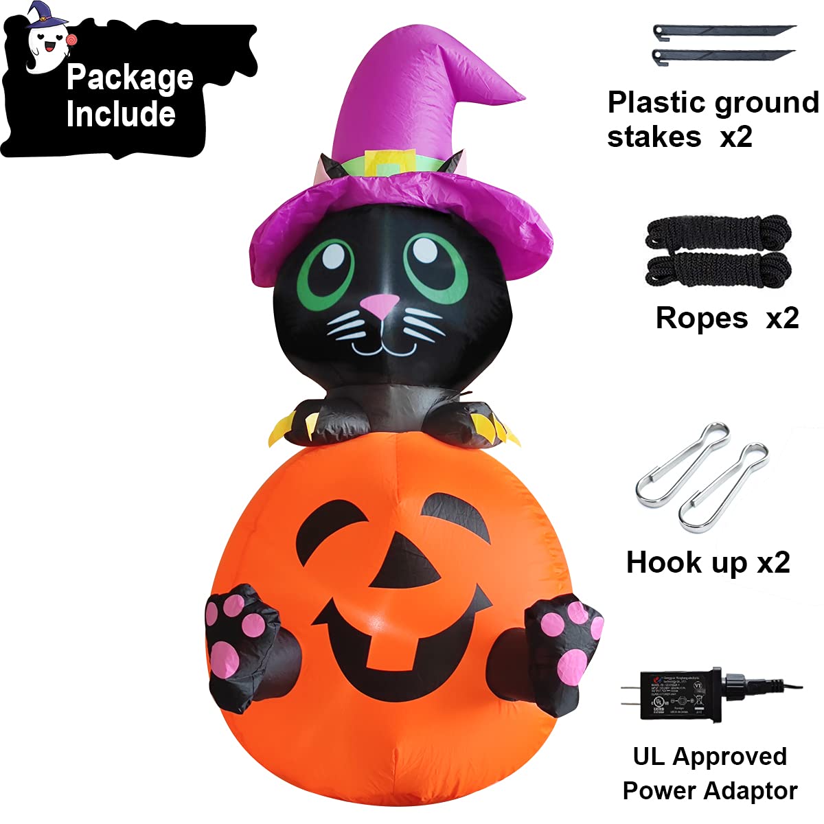 Poptrend 4 FT Inflatable Halloween Black Cat & Pumpkin Outdoor Blow Up Yard Decorations with Internal LED Lights