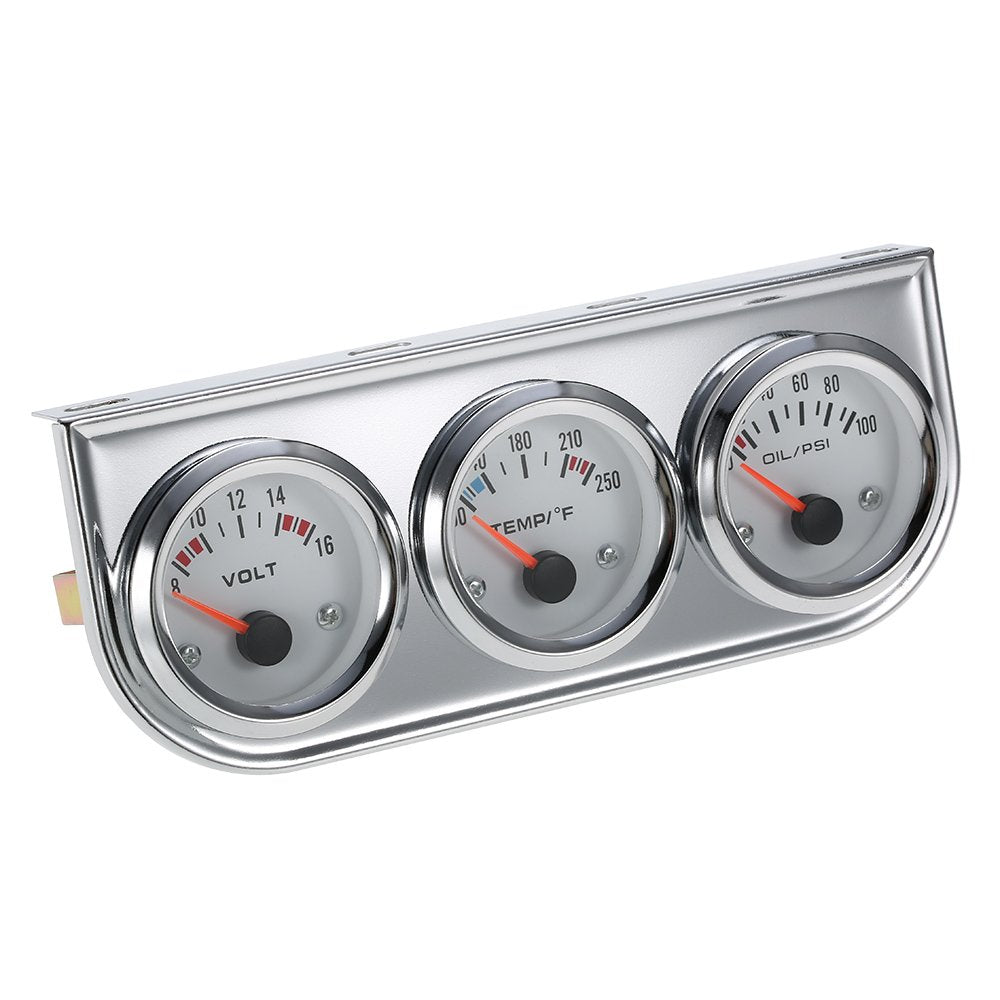 Shkalacar Triple Gauge Kit - Volt Meter, Water Temp, Oil Press Car & Motorcycle Meter, 52MM Chrome 3 in 1 Gauge Kit
