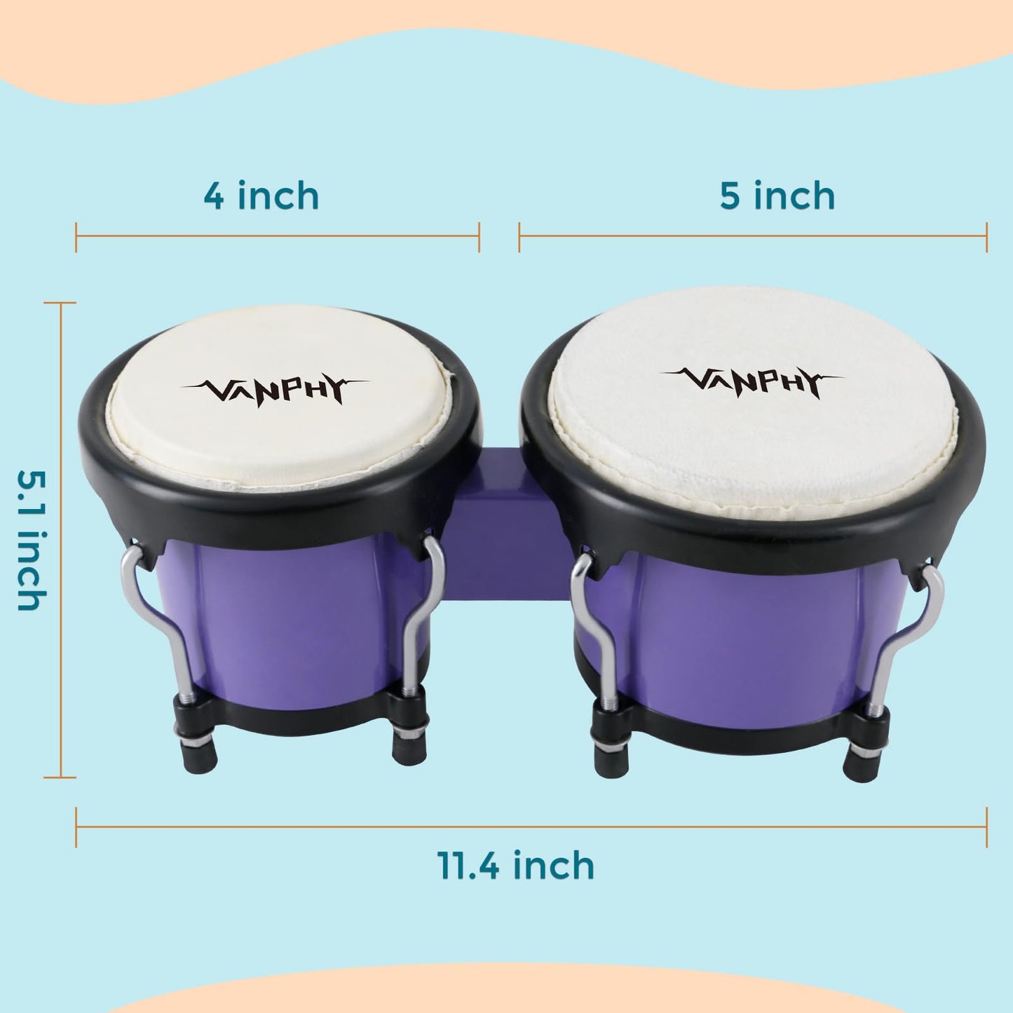 VANPHY Bongo Drum 4'' and 5'' Set for Kids Adults Beginners Percussion Bongos Drum With Tuning Wrench (Deep Purple)