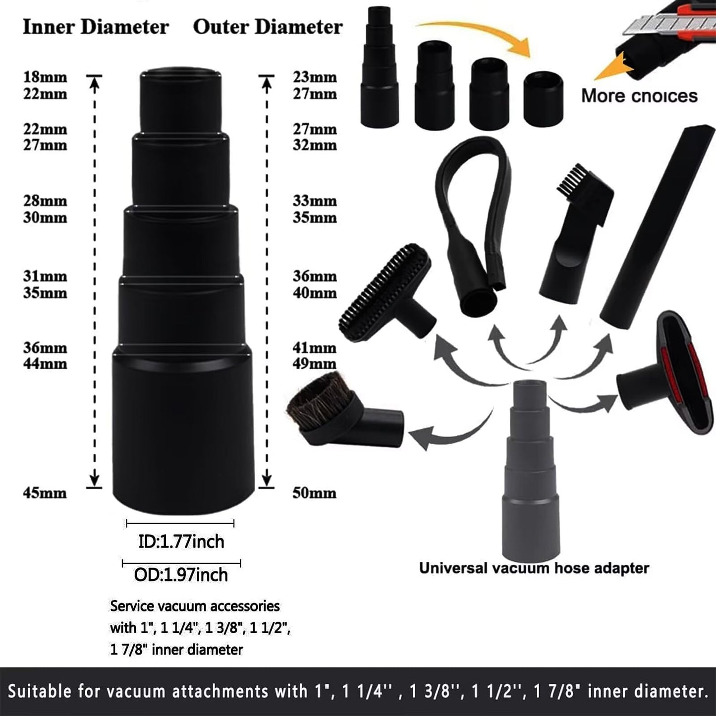 15 Pcs Universal Vacuum Attachments & Brushes for Shop Vac Accessories - 2 1/2" to 1 1/4" Hose Adapter, 1 7/8" to 1" Vacuum Hose Adapter, 1 1/4" for Shop Vac Cleaner Attachments