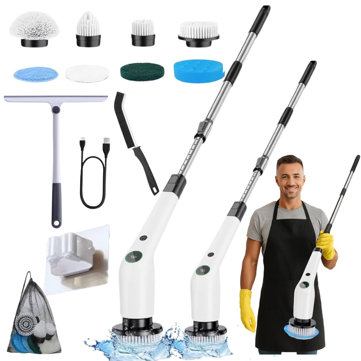 10-in-1 Electric Spin Scrubber Cordless Electric Cleaning Brush with 8 Replaceable Heads, Adjustable Long Handle, IPX7 Waterproof Shower Scrubber for Bathroom, Kitchen, Tile, Floor, Car