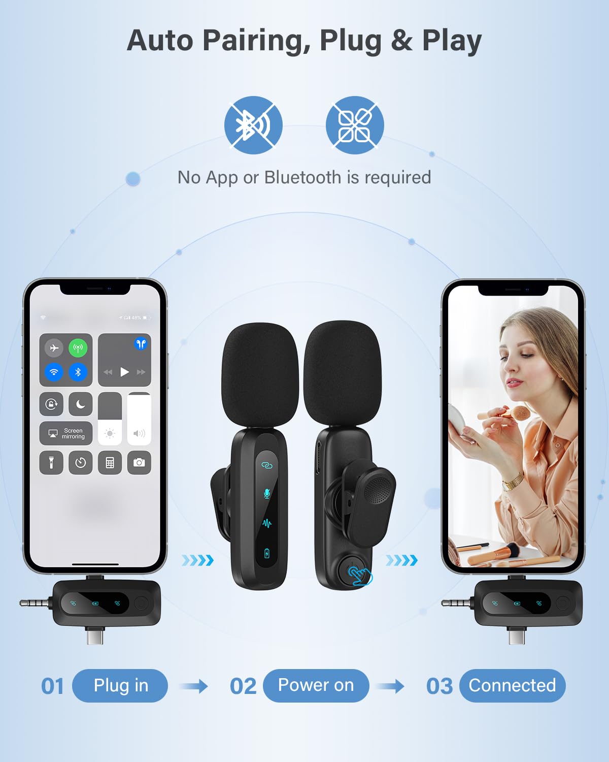 Wireless Lavalier Microphone for iPhone, iPad, Android – 2-Pack Mini Mic with Noise Reduction, Auto Pairing, 3.5mm & Lightning Receiver for Vlogging, TikTok, YouTube