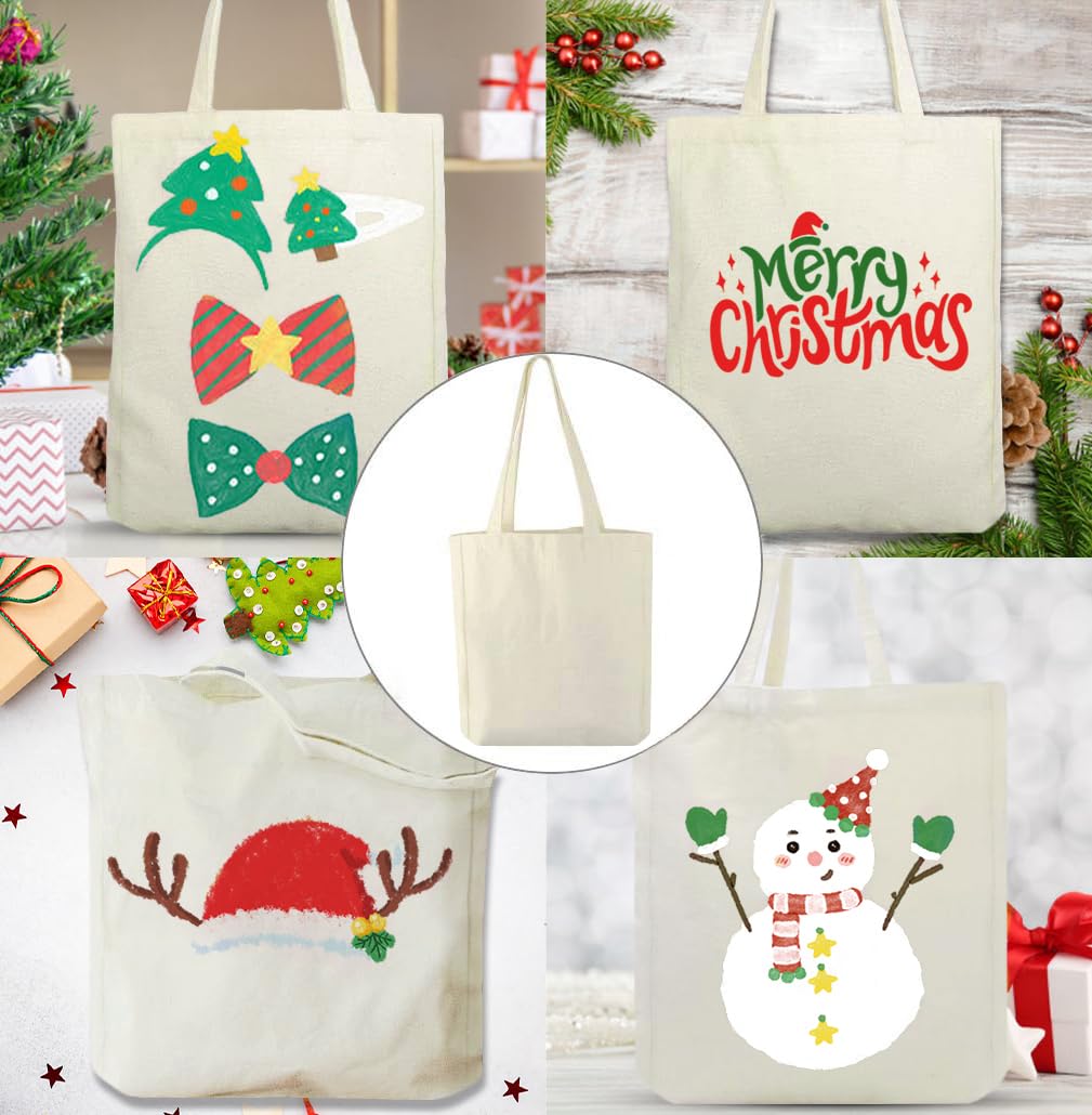 Faylapa 3/5 / 6/12 Pack Canvas Tote Bags,Heavy Duty Reusable Grocery Shopping Bag 13.6"x 15.3" Blank Cotton Bags for DIY (12, Beige)