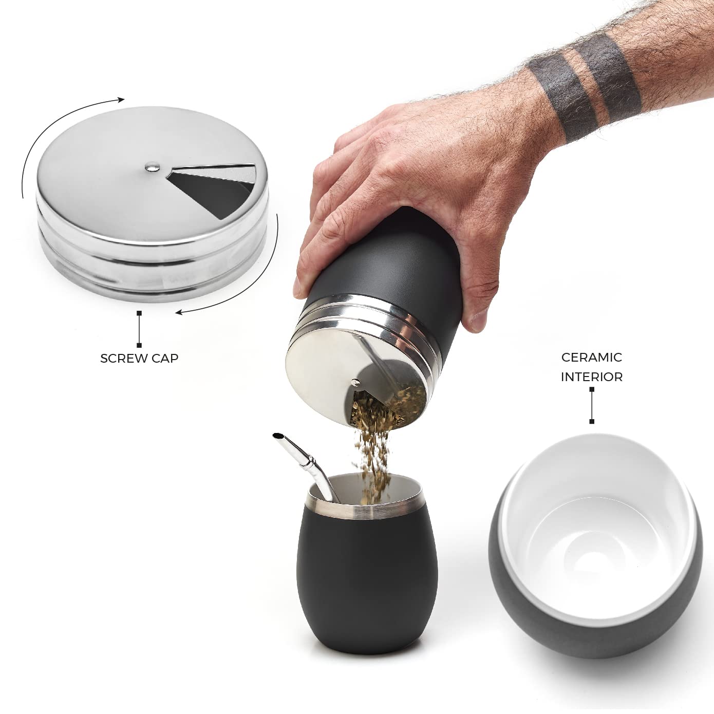 BALIBETOV Mate Cup Set – Modern Gourd, Thermal Bottle, Yerba Container (Yerbero), Bombilla (Straw) and Cleaning Brush – 304 18/8 Stainless Steel (Black)