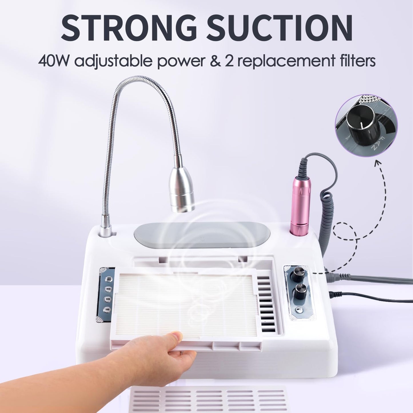 Nail Dust Collector Vacuum Multifunction Nail Art Machine Includes 40W Nail Dust Suction, 30000PRM Nail Drill with Bits and Sanding Bands, 48W/96W UV LED Nail Lamp, 6W Table Light, Hand Cushion