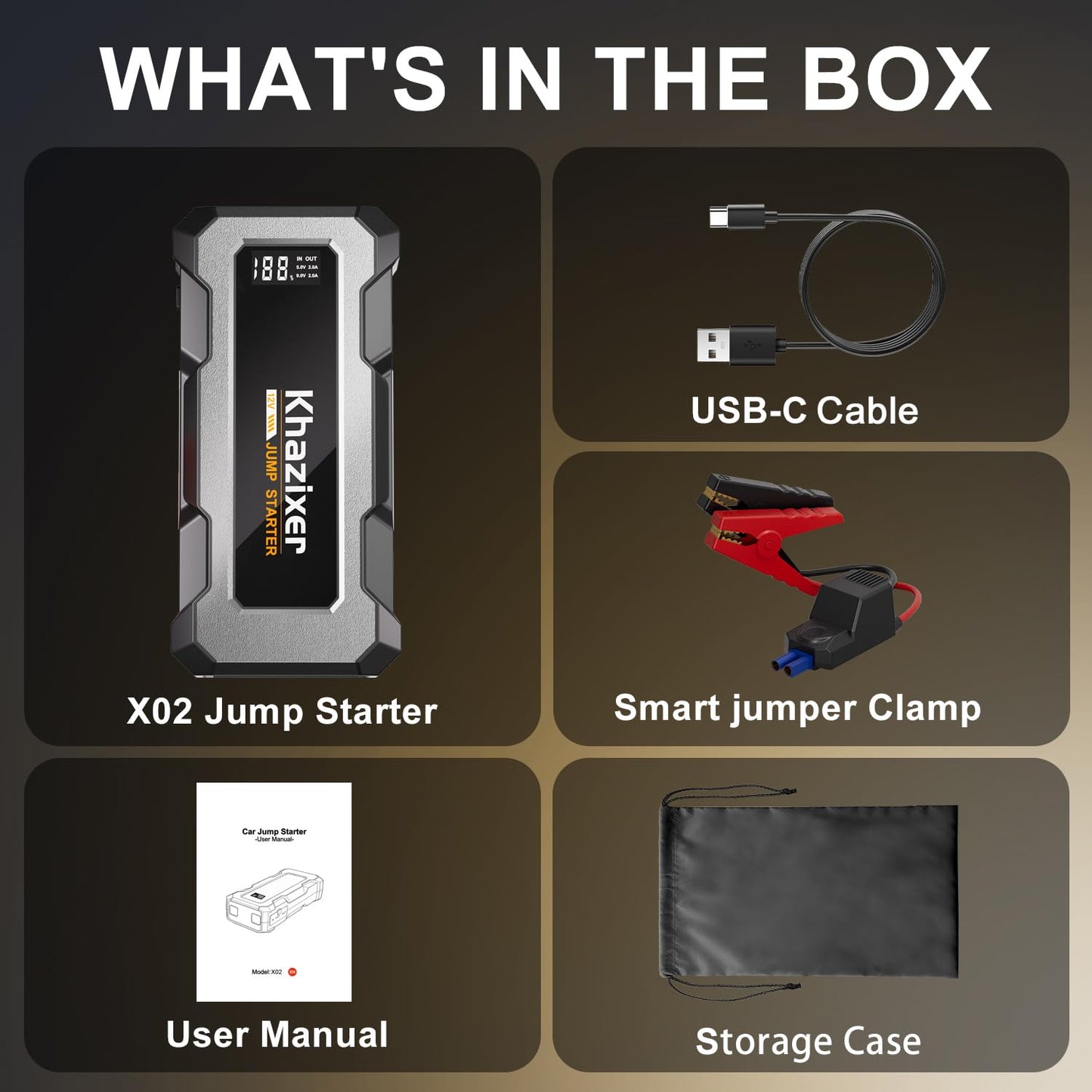 Khazixer X02 3000A Car Jump Starter, Jump Starter Battery Pack for 9.0L Gas and 7.0L Diesel, 12V Portable Jump Box with USB Output, Storage Bag, LED Flashlight
