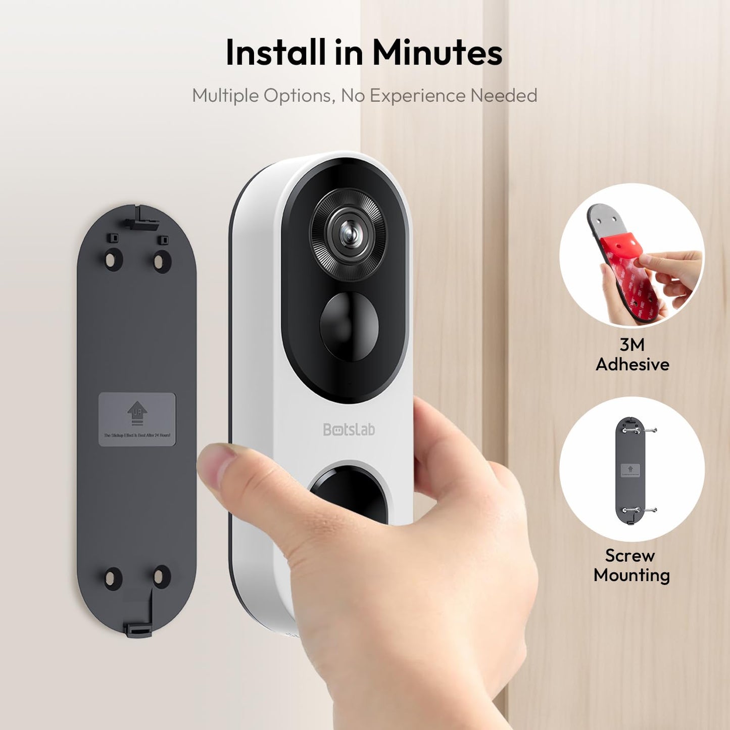 BOTSLAB 2K Video Doorbell Camera Wireless Outdoor with Head-to-Toe View, No Monthly Fee, Two Way Audio, Human Detection, Battery-Powered, 2.4G WiFi, IP66