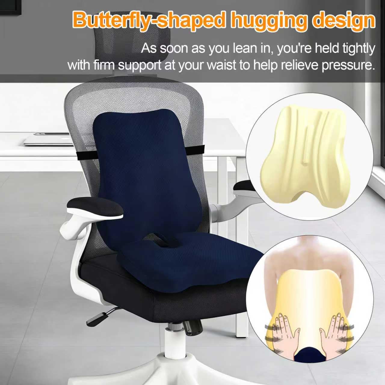 Seat Cushion & Backrest Combo Set with Lumbar Pillow Upgraded Adjustable Height Design, Memory Foam Ideal for Driving, Travel, Extended Sitting Effectively Relieves Lower Back Discomfort (Navy Blue)