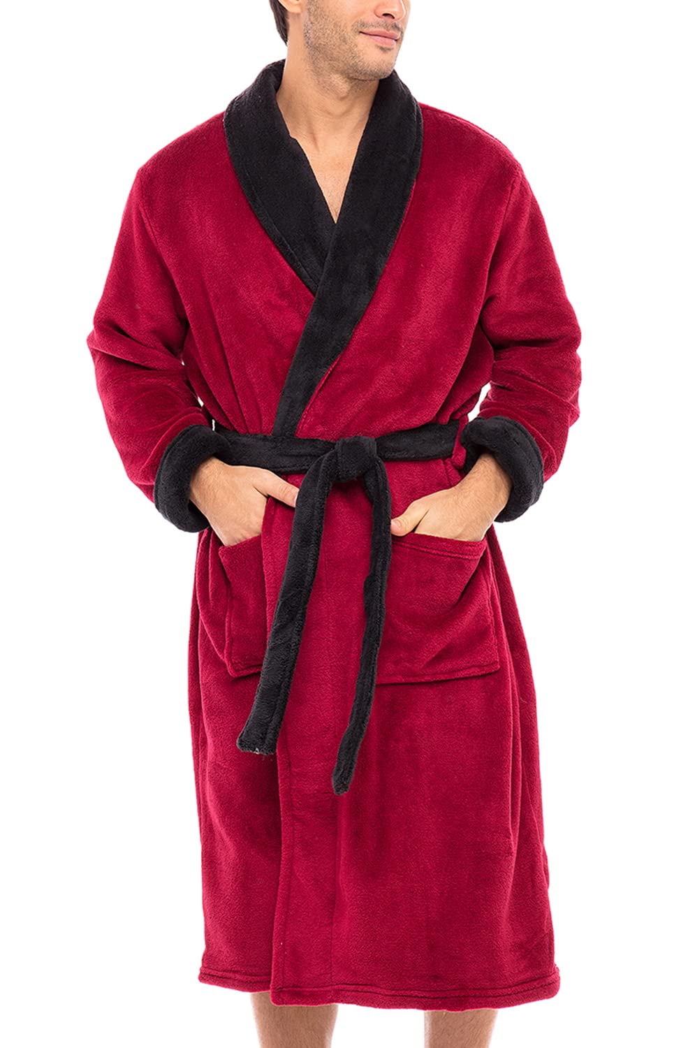 Alexander Del Rossa Men's Warm Fleece Robe, Plush Bathrobe, Large XL Burgundy with Black Contrast (A0114BRBXL)