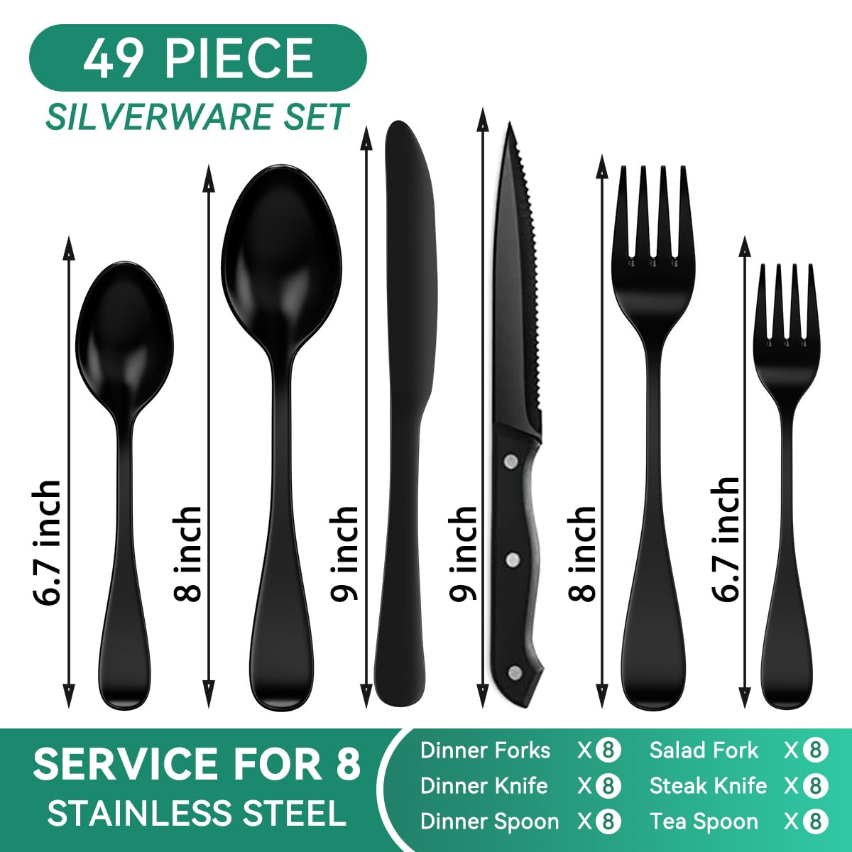 49-Piece Black Silverware Set with Drawer Organizer, Stainless Steel Cutlery for 8 with Matte Steak Knives, Forks, Spoons