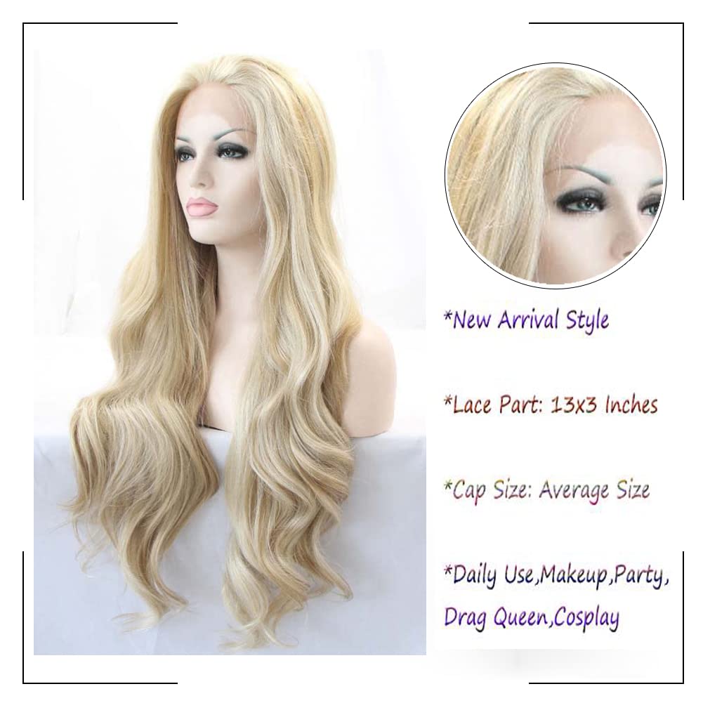 Angle Lucky Blonde Wavy Wig for Women Highlight Blonde Synthetic Lace Front Wig Long Wavy Piano Color Glueless Wig Heat Resistant Fiber Hair Replacement Wig for Drag Queen Makeup (24, Highlight Blonde)