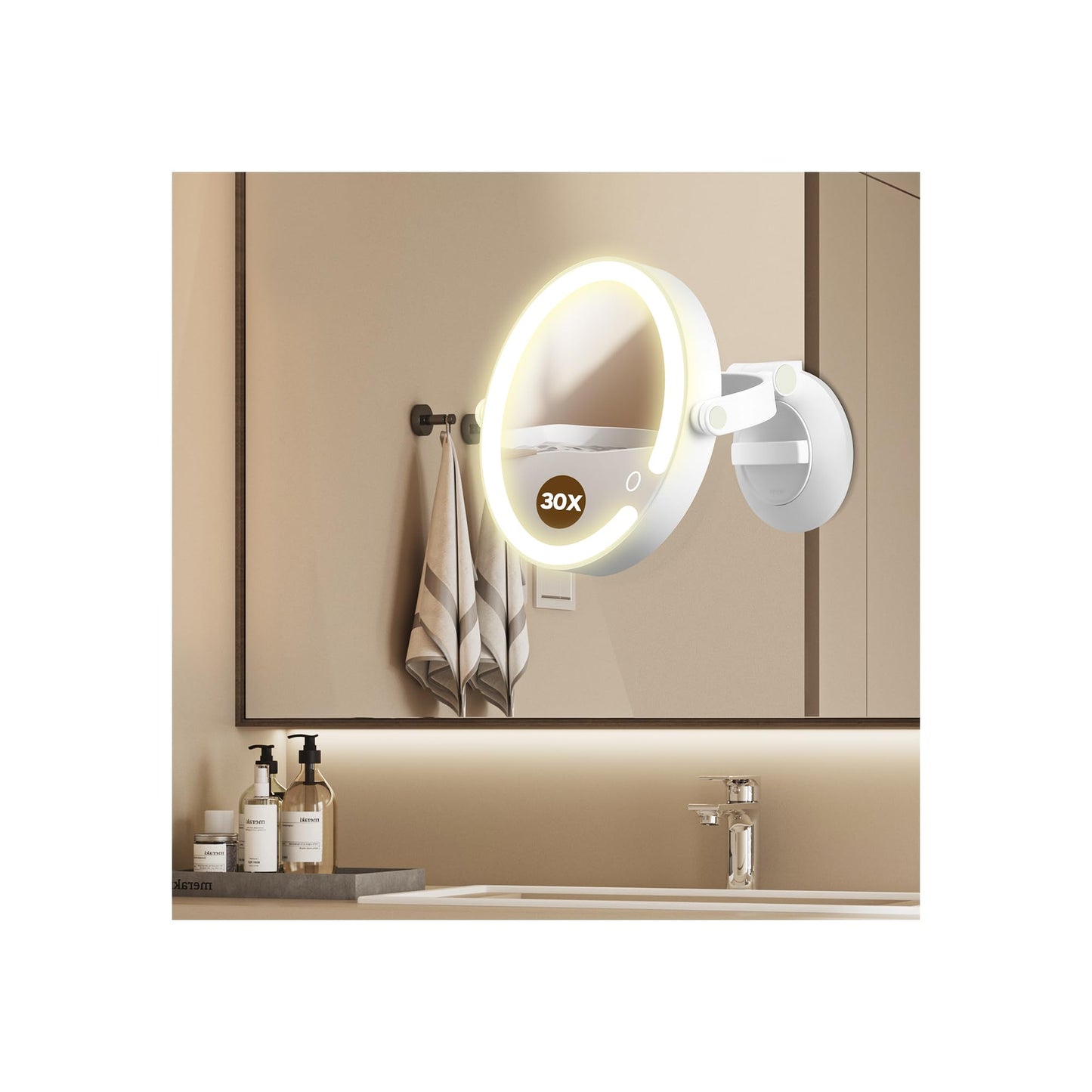 MOMOKUBA Magnifying Mirror with Light 30X, LED Bathroom Mirror with 3 Lighting Modes, 2-Sided 30x/1x Rotation Wall Mounted Makeup Mirrors, Rechargeable Mirrors with Lights and Suction Cup for Bathroom
