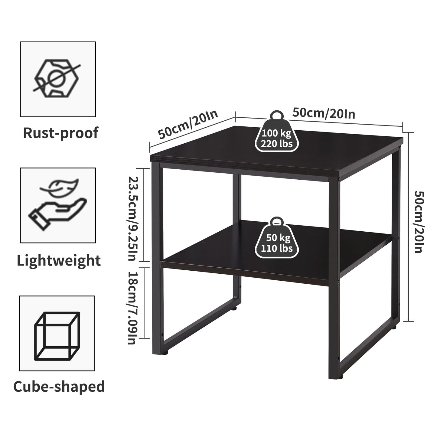 Aibiju Small Table Stand with Adjustable Storage Shelf 20 inch, Square Tea Table, Dorm Fridge Stand, Large Printer Stand Table for Office Black YD-TM153B