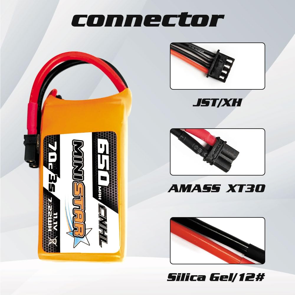 CNHL 3s Lipo Battery 650mAh 70C 11.1v with XT30 Plug for MultiRotor FPV Torrent 110 Lizard 95 Quad Quadcoper Micro RC Drone Racing Hobby (2 Packs)