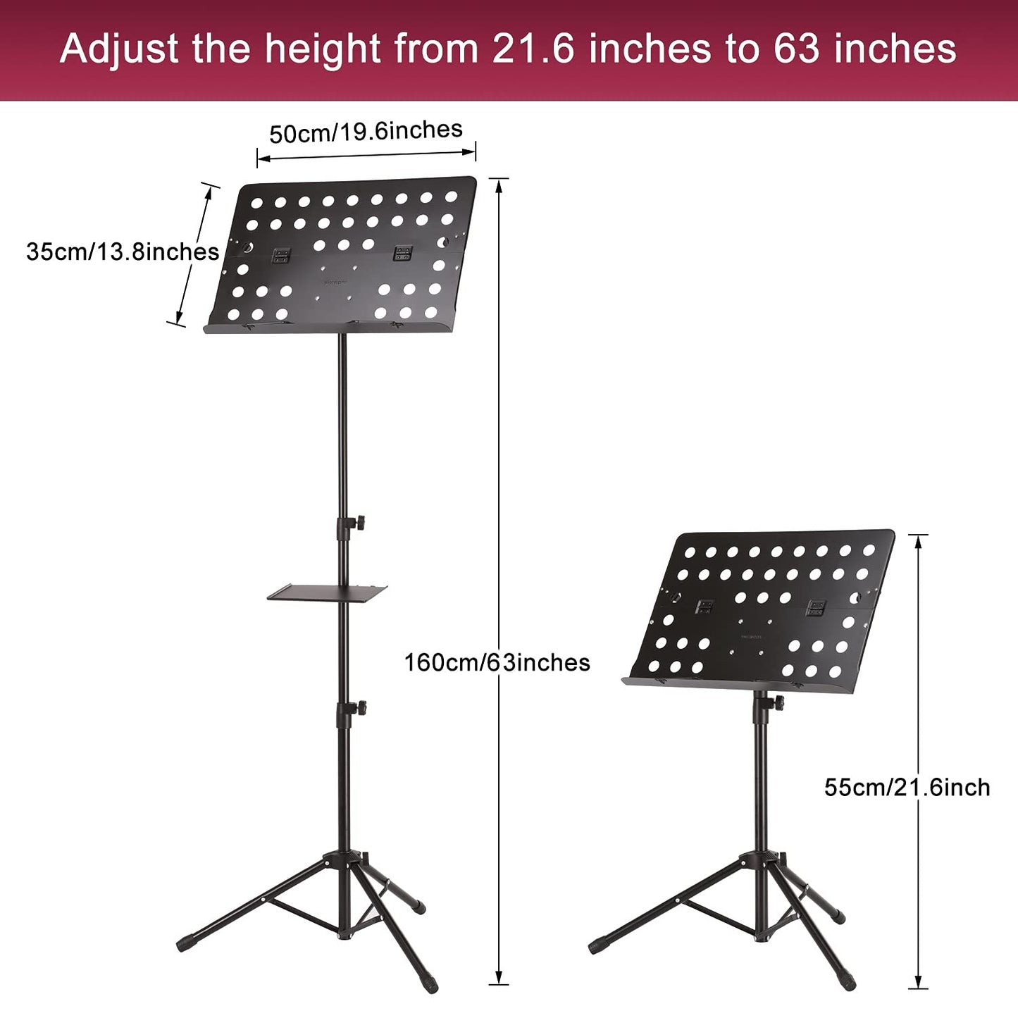 IMAGE 21.6-63 inch Sheet Music Stand Adjustable and Foldable Travel Metal Music Stand with Music Tray, Carrying Bag, and Music Sheet Clip Holder for Instrumental Performance