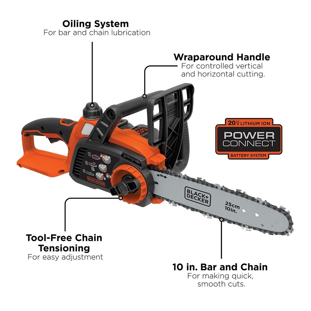 BLACK+DECKER 20V Max Cordless Chainsaw, 10-Inch, Tool Only (Battery & Charger Sold Separately) (LCS1020B-CA)
