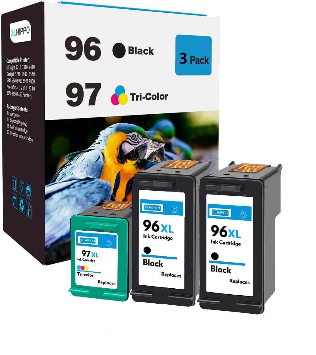 XLhippo 96 97 Ink Cartridges Remanufactured for HP 96 Black & HP 97 Tri-Color Combo Pack, 96/97 Ink Cartridges for Printer Deskjet 6940 6840 6988 6980 Officejet 7310 7410 7210 Photosmart 8050