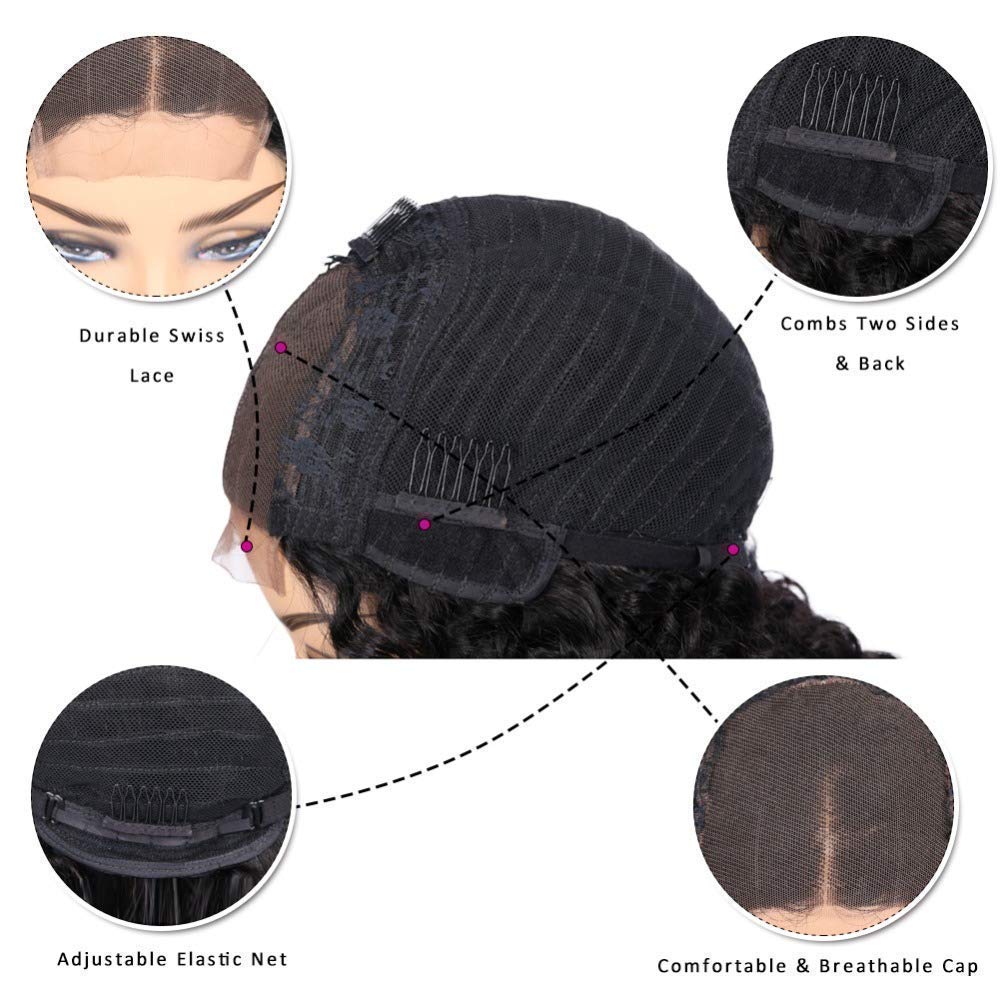 SINGLEBEST Curly Water Wave Bob Human Hair Wigs Brazilian Virgin Hair 130% Density Glueless Lace Front 4x4 Closure Wig for Women Natural Color 10inch