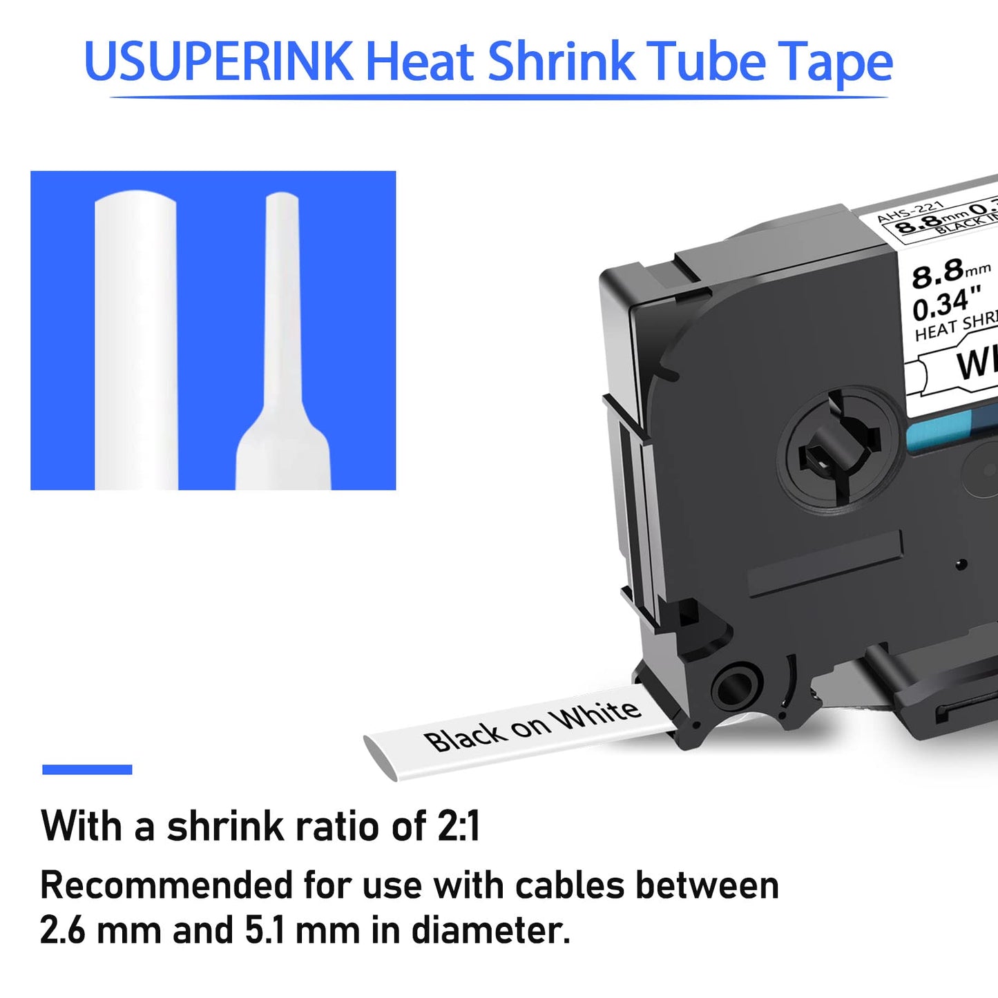 SuperInk 5 Pack Compatible for Brother HSe-221 HSe221 HS-221 HS221 Black on White Heat Shrink Tube Label Tape use in PT-D210 PT-D400 PT-E300 PT-E500 PT-P750WVP Printer (0.34''x 4.92ft, 8.8mm x 1.5m)