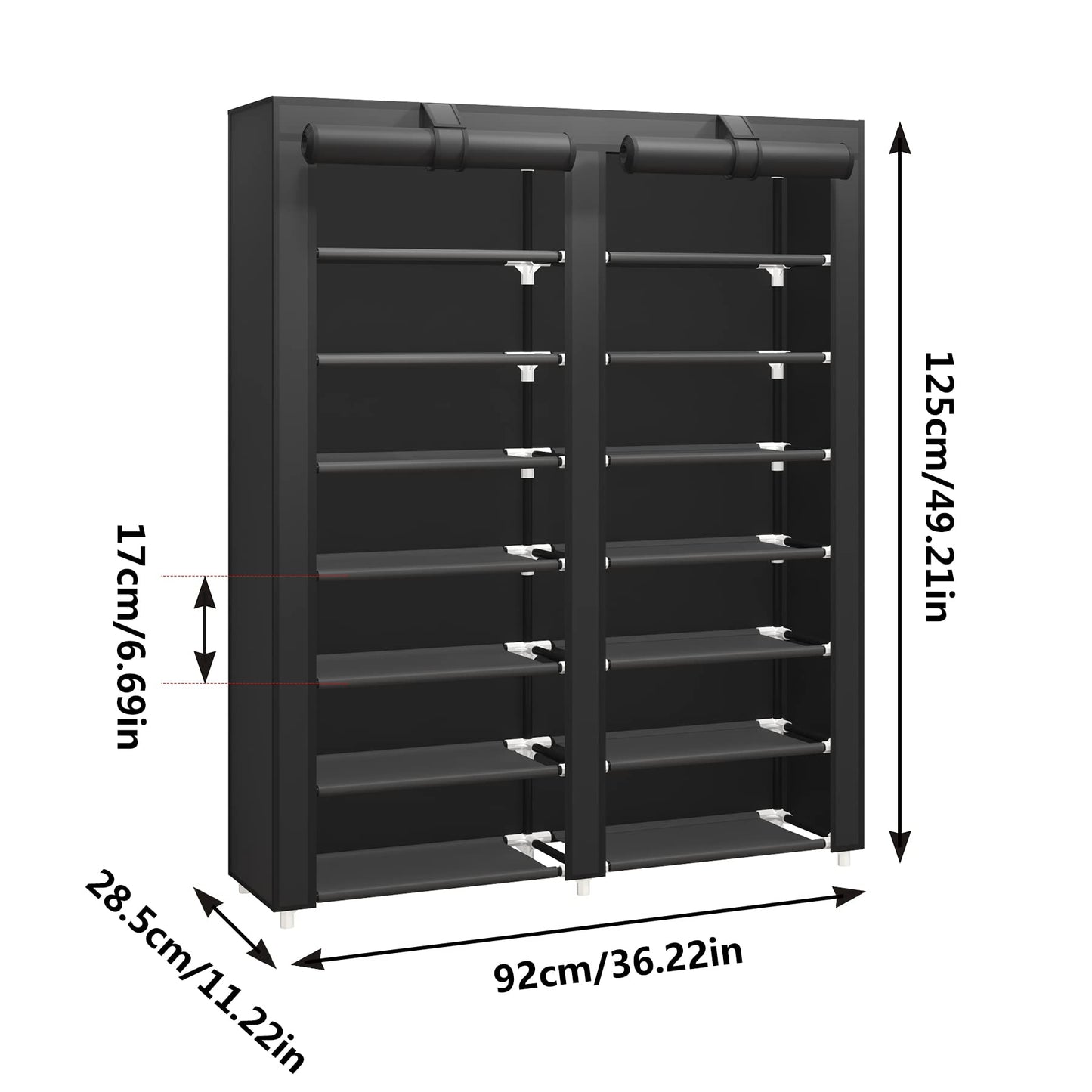 JIUYOTREE 7 Tier Shoe Rack Storage Organizer with Big Capacity,Double Row Shoe Cabinet,Shelf,Closet with Nonwoven Fabric Cover,Black