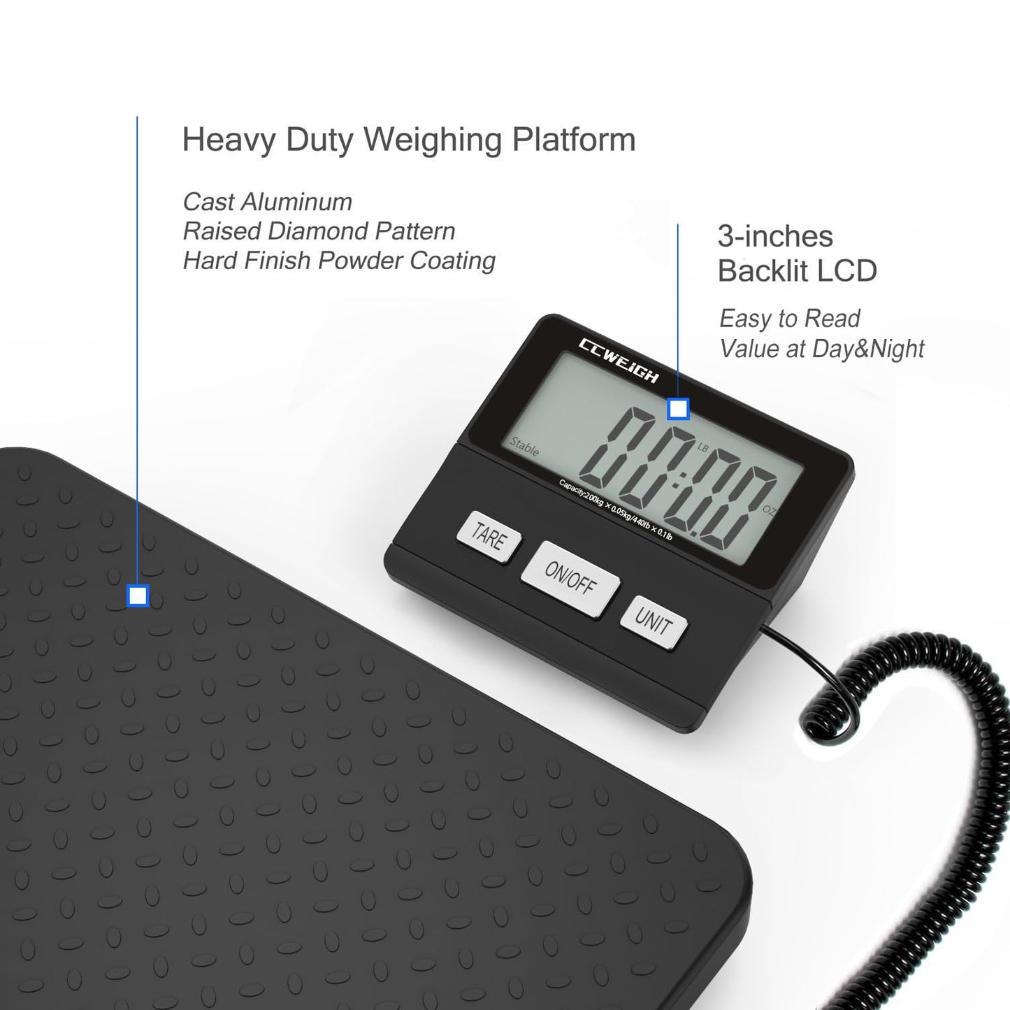 CCweigh Digital Shipping Scale with LCD Display, 440lb x 1.76oz Precision, for Packages Luggage Parcels, Home & Small Business Use, Includes AC Adapter, Postal Scale