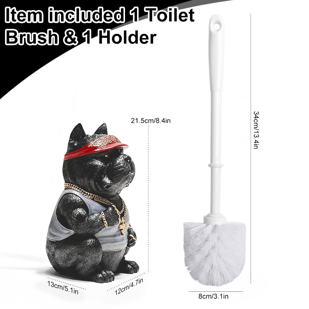 Home Luxe Bulldog Toilet Brush and Holder Set, Resin Decorative Dog Design, Weighted Non-Tip Base, Long Handle, Stiff PP Bristles (Hip-Hop Pup - Black)