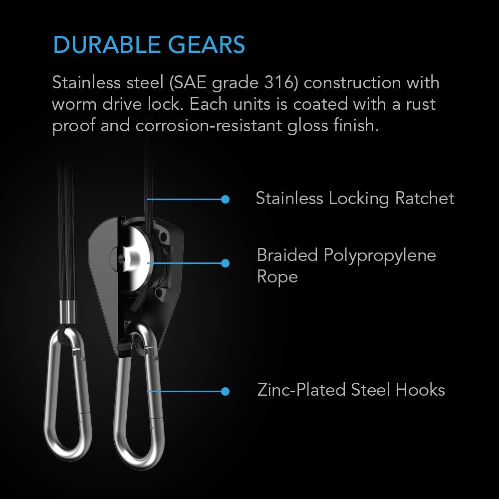 AC Infinity, Adjustable 1/8? Rope Hanger, Heavy-Duty Stainless Steel Gears Ratchets, 150 lbs Weight Capacity, 6 Pairs