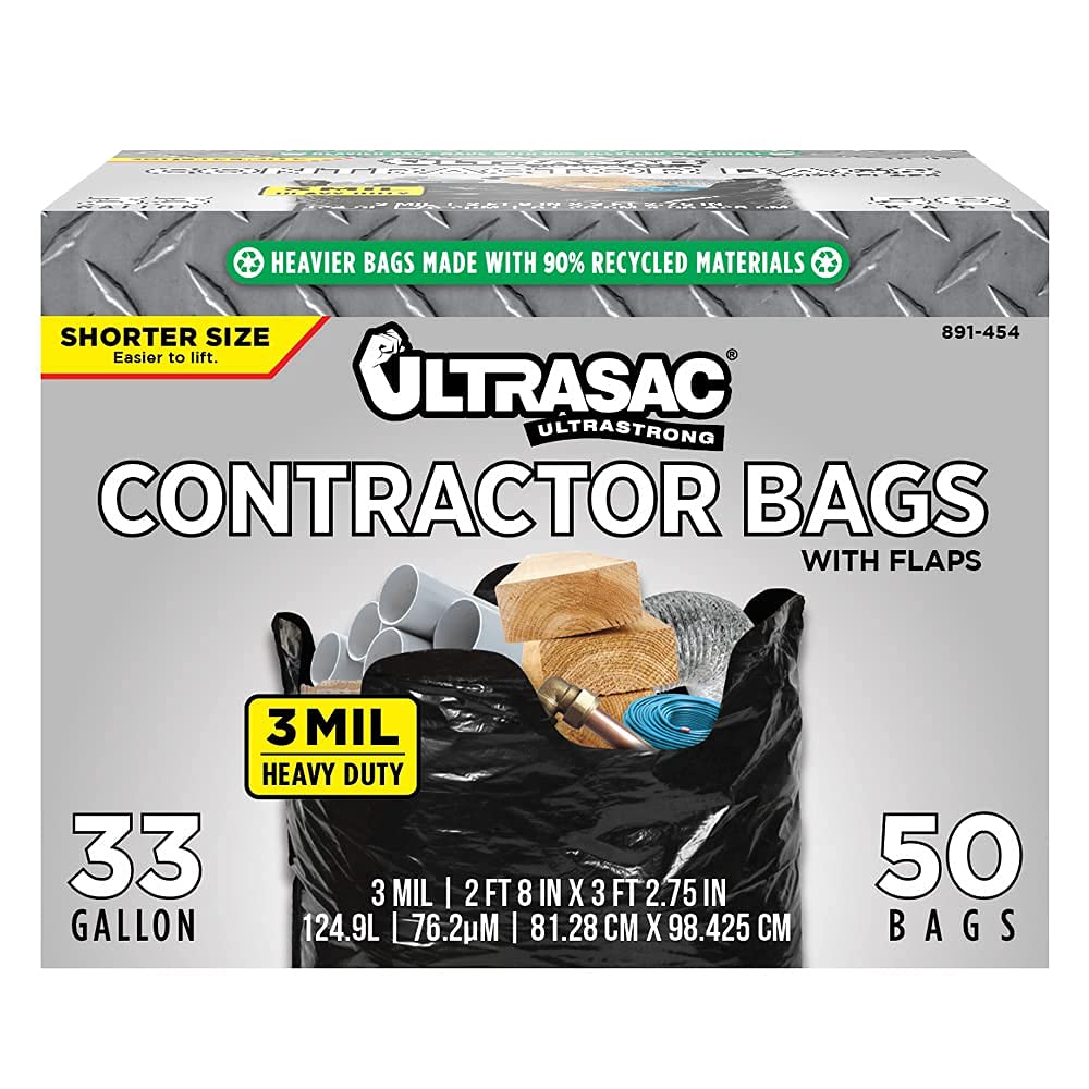 Aluf Plastics 891454 Ultrasac Heavy Duty Professional Quality Short Contractor Trash Bag, 33 Gallon Capacity, 39" Length x 32" Width x 3 mil Thick, Black (Case of 50)