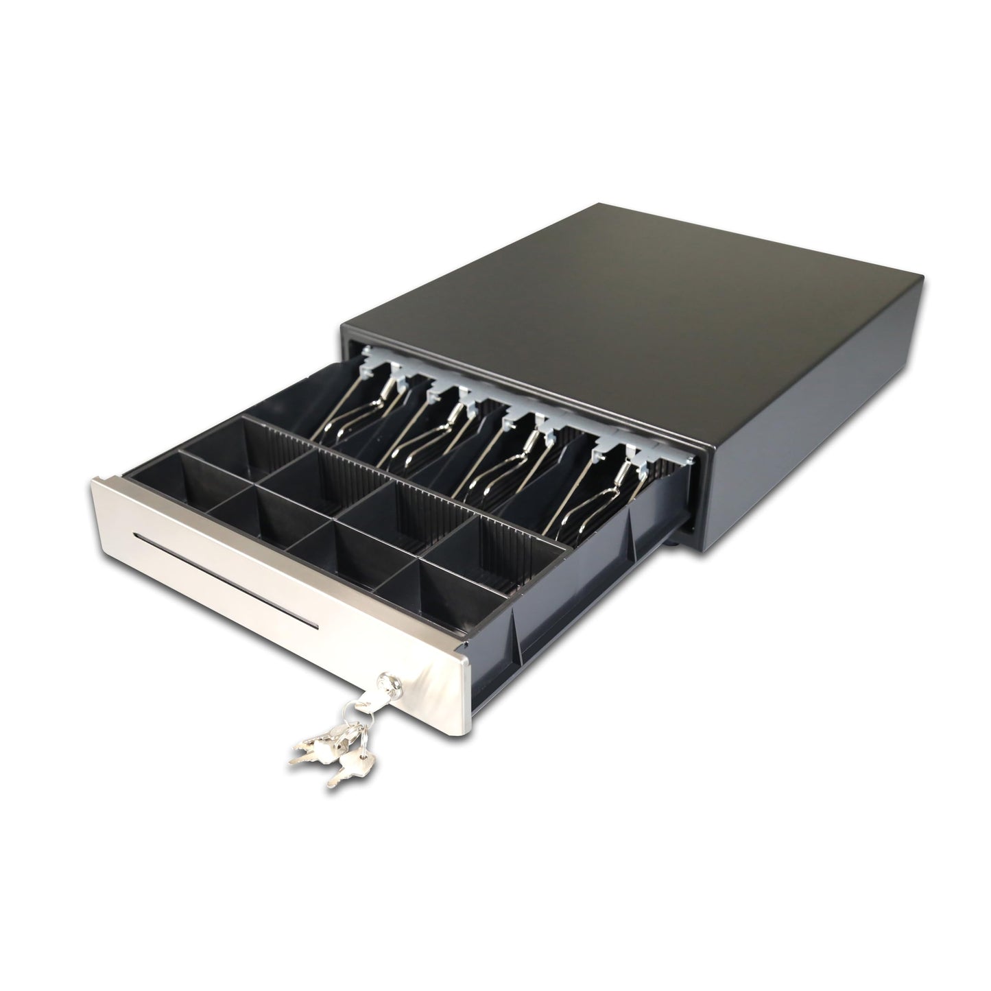 Angel POS Stainless Steel Front 16 X 14 Inch POS Cash Drawer Register Till Draw Box with 24V RJ11/RJ12 Cable, 6 Keys Lock and Removable Coin Tray Media Slot (Black with Stainless Steel Front)