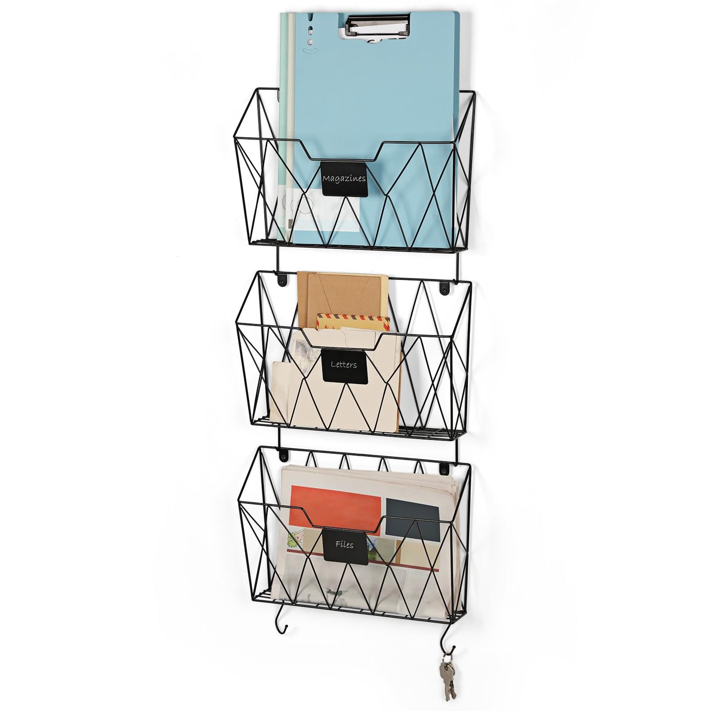 ETELI Hanging Wall File Organizer Holder Rack 3 Pockets Hanging Wall File Holder Wall Mount Mail Organizer Magazine Rack with Metal Hooks for Paper Files Office Home, Black