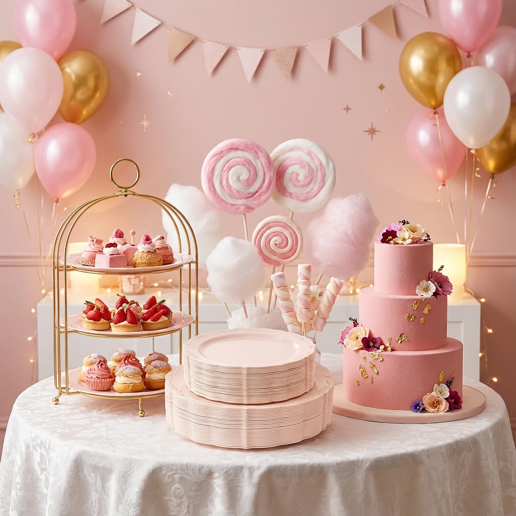 Tinybee 60PCS Pink Plastic Plates - Heavy Duty Pink Disposable Plates, Elegant Plastic Plates for Bridal Shower, Wedding and Party Including 30 Dinner Plates 10 '' & 30 Dessert Plates 7.5 ''