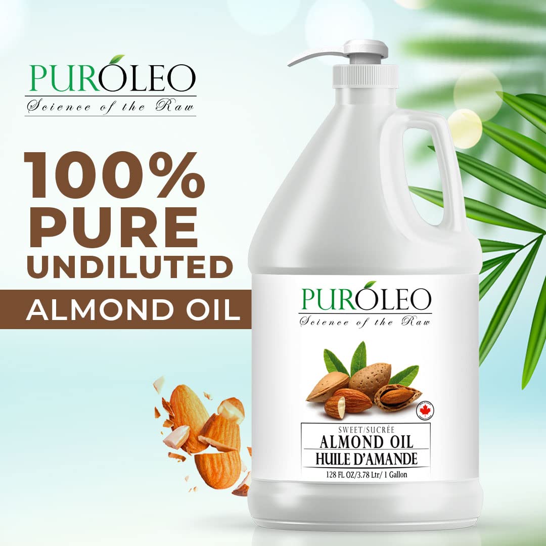 PUROLEO Sweet Almond Oil 128 Fl Oz/3784 ML (Packed In Canada) Pure Almond Oil for Skin, Hair, & Body | Organic Carrier Oil & Body Oils For Women | Almond Butter Hair Oil, Body Oil, Baby Oil, Massage Oil huiles essentielles Amande Douce Huile Massage