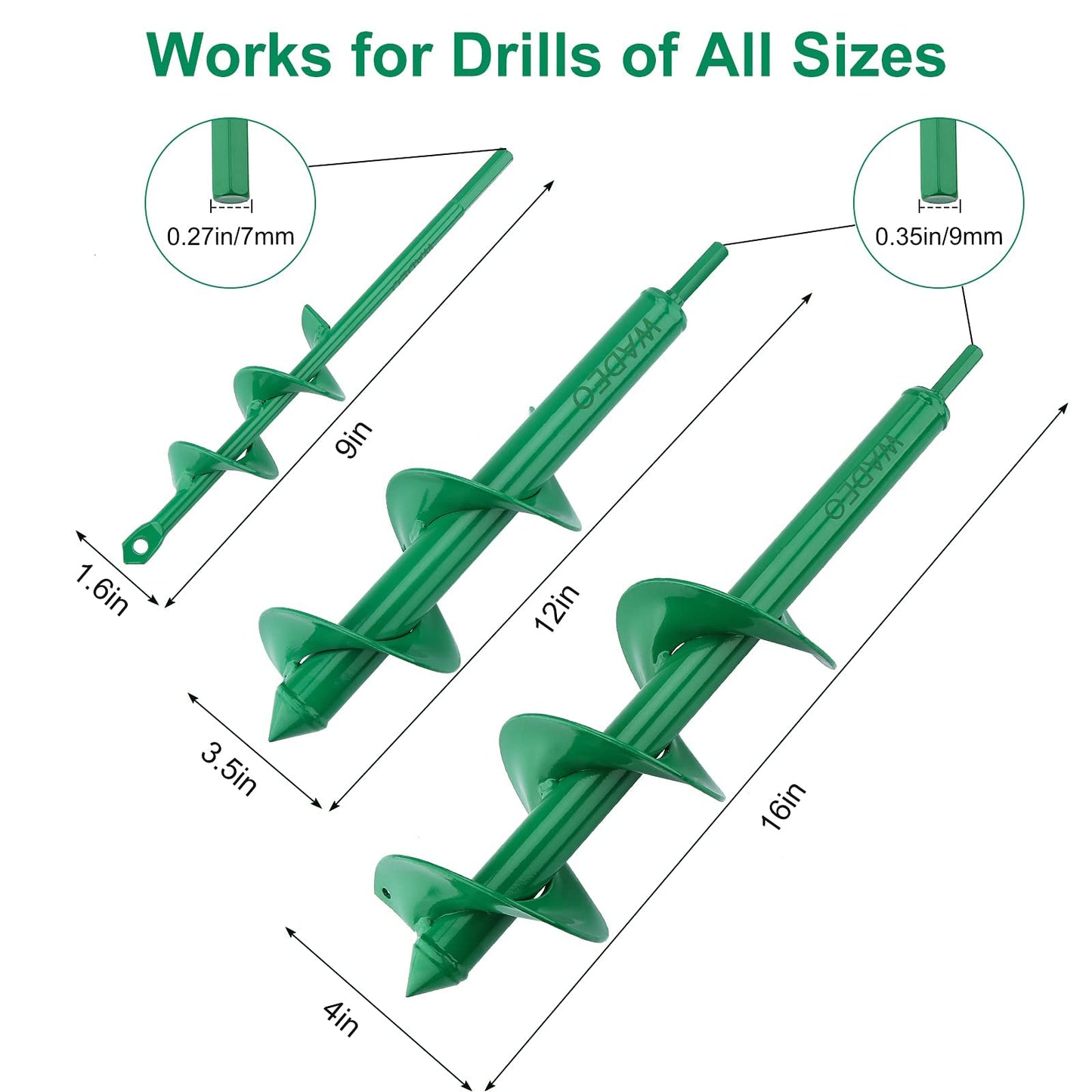 WADEO Auger Drill Bit Set, 3 PCS Spiral Hole Drill Planter, Bulb Auger for Cordless Drill, Dirt Auger With Garden Genie Gloves, 20pcs Plant Label and 2 Shovel