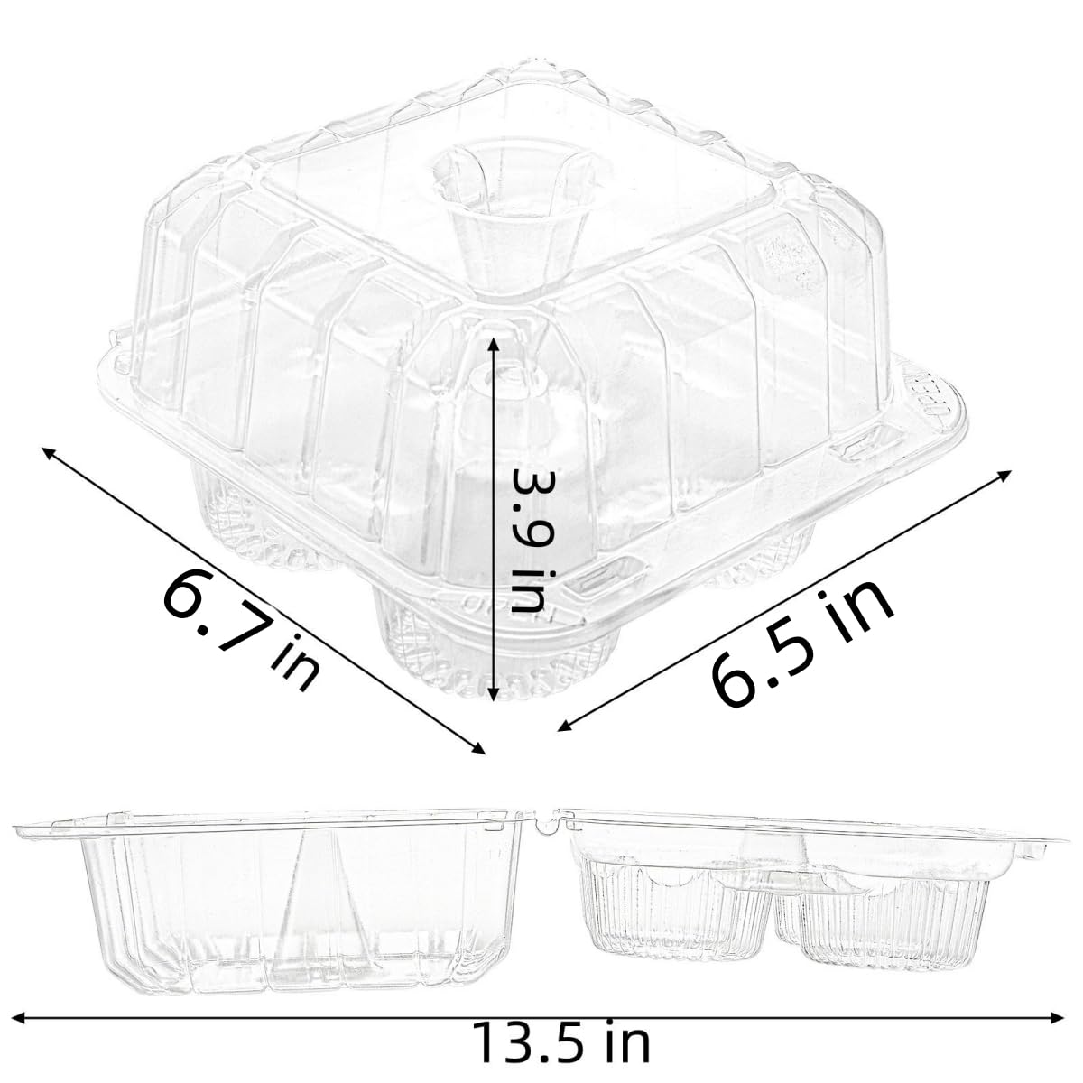 Coloch 50 Pack 4-Cavity Clear Cupcake Container, 4 Compartment Plastic Cupcake Holder with Connected Lid, Deep Dome Muffin Container, Stackable Carrying Box for Cupcakes, Wedding, Party Gift Packaging