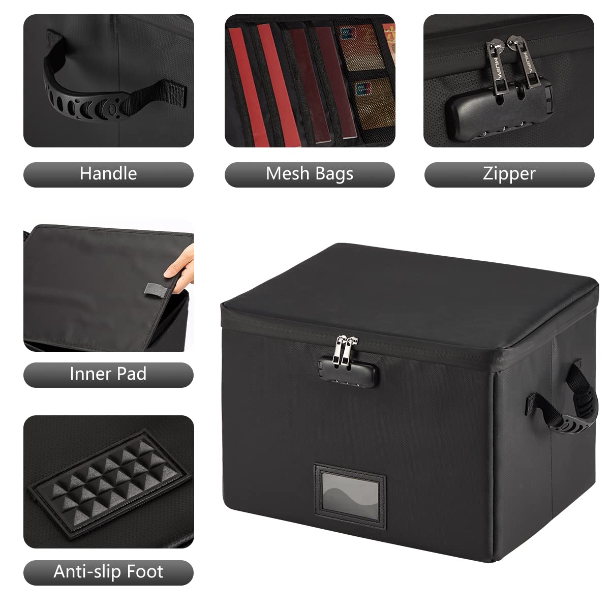 MUIFA Fireproof Document Box, Fireproof File Box with Lock, Collapsible File Storage Box with Zippers and Inserts Bag, Portable Home Office Safe Box for Letter/Legal Folder(Black)
