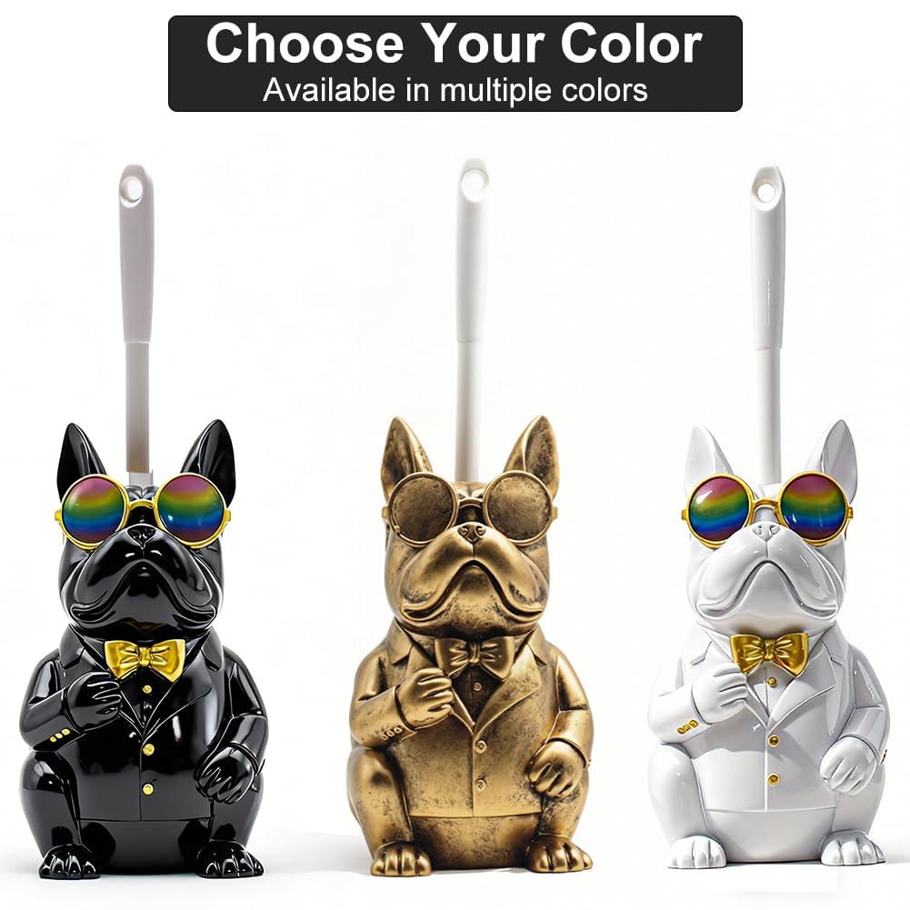 Home Luxe Bulldog Toilet Brush and Holder Set, Resin Decorative Dog Design, Weighted Non-Tip Base, Long Handle, Stiff PP Bristles (Suit & Shade - Black)