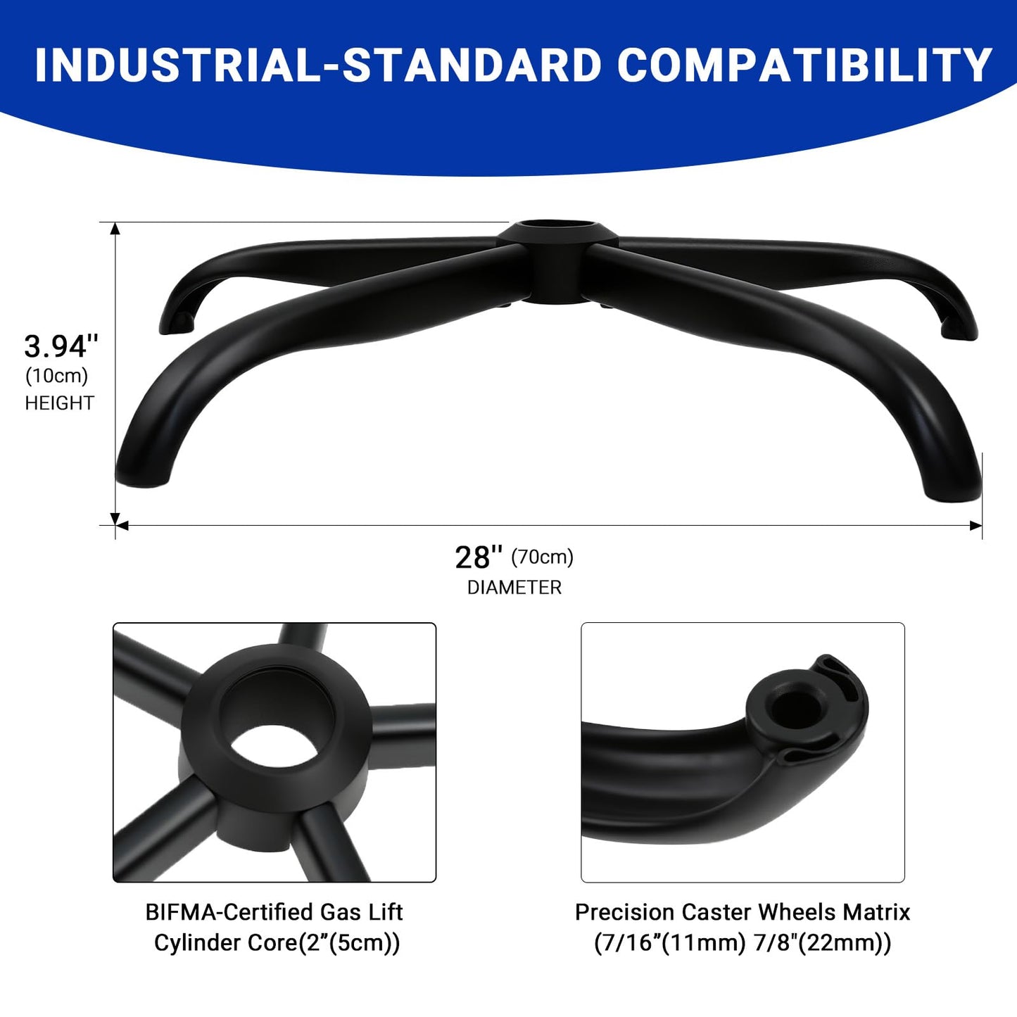 Rythalix 28" Heavy Duty Office Chair Base Replacement Parts for Most Office/Desk Chair - 2500 Lbs Capacity Matte Black Metal Chair Legs with Universal Casters Sockets