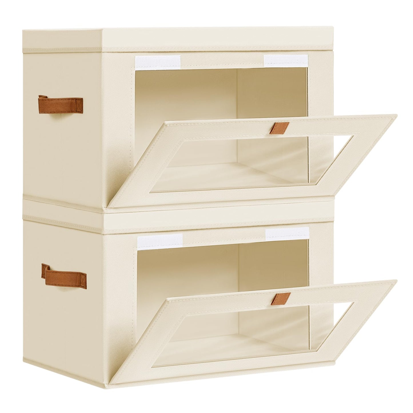 DIMJ Large Closet Storage Bins with Lid - 2 Pack Decorative Collapsible Storage Box with Handles & Clear Window for Clothes, Stackable Basket Organizer Living Room,Bedroom,Office, Beige