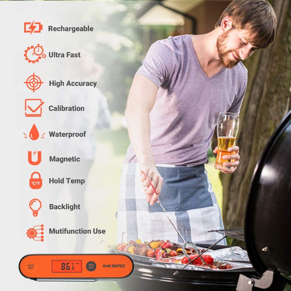 INKBIRD Instant Read Digital Meat Thermometer Waterproof Cooking Candy Thermometer with Rechargeable Calibration Magnet Backlight,IHT-1P Fast Thermometer with Folding Probe for Grill Deep Fry BBQ Milk