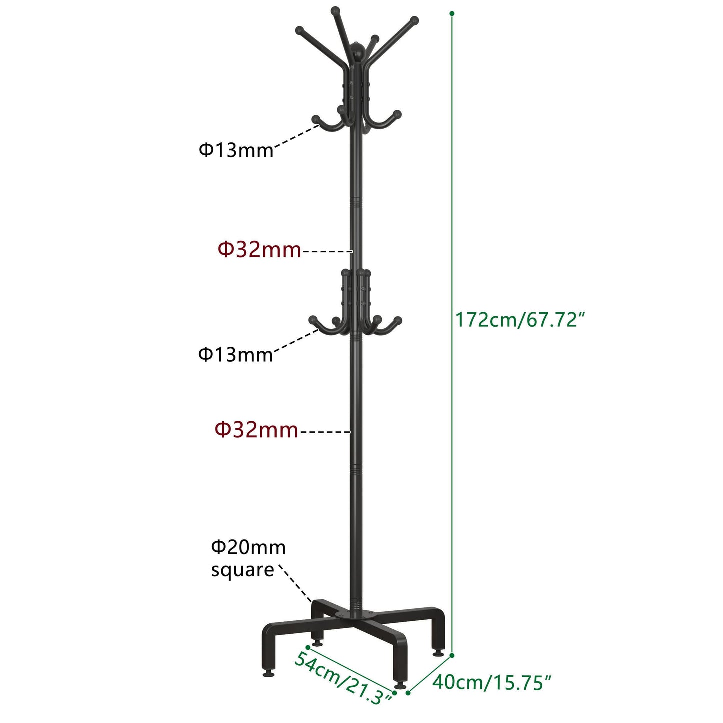 PSHUN RIGH Coat Rack with 12 Hooks, Freestanding Coat Rack Stand for Entryway, Hallway, Bedroom, and Office, Metal Coat Tree & Hat Rack for Coats, Hats, and Bags,Black (Black)